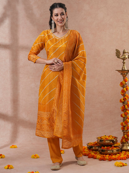 Ethnic Printed & Hand Embroidered Straight Fit Tissue Kurta with Pant and Dupatta - Yellow