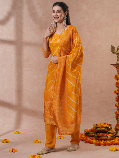 Ethnic Printed & Hand Embroidered Straight Fit Tissue Kurta with Pant and Dupatta - Yellow