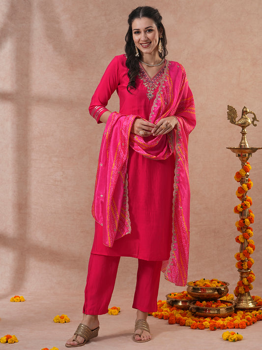 Solid Ethnic Embroidered Straight Kurta with Pant & Printed Dupatta - Pink