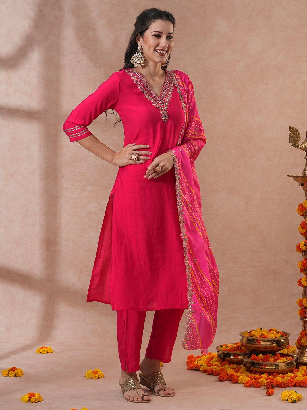 Solid Ethnic Embroidered Straight Kurta with Pant & Printed Dupatta - Pink