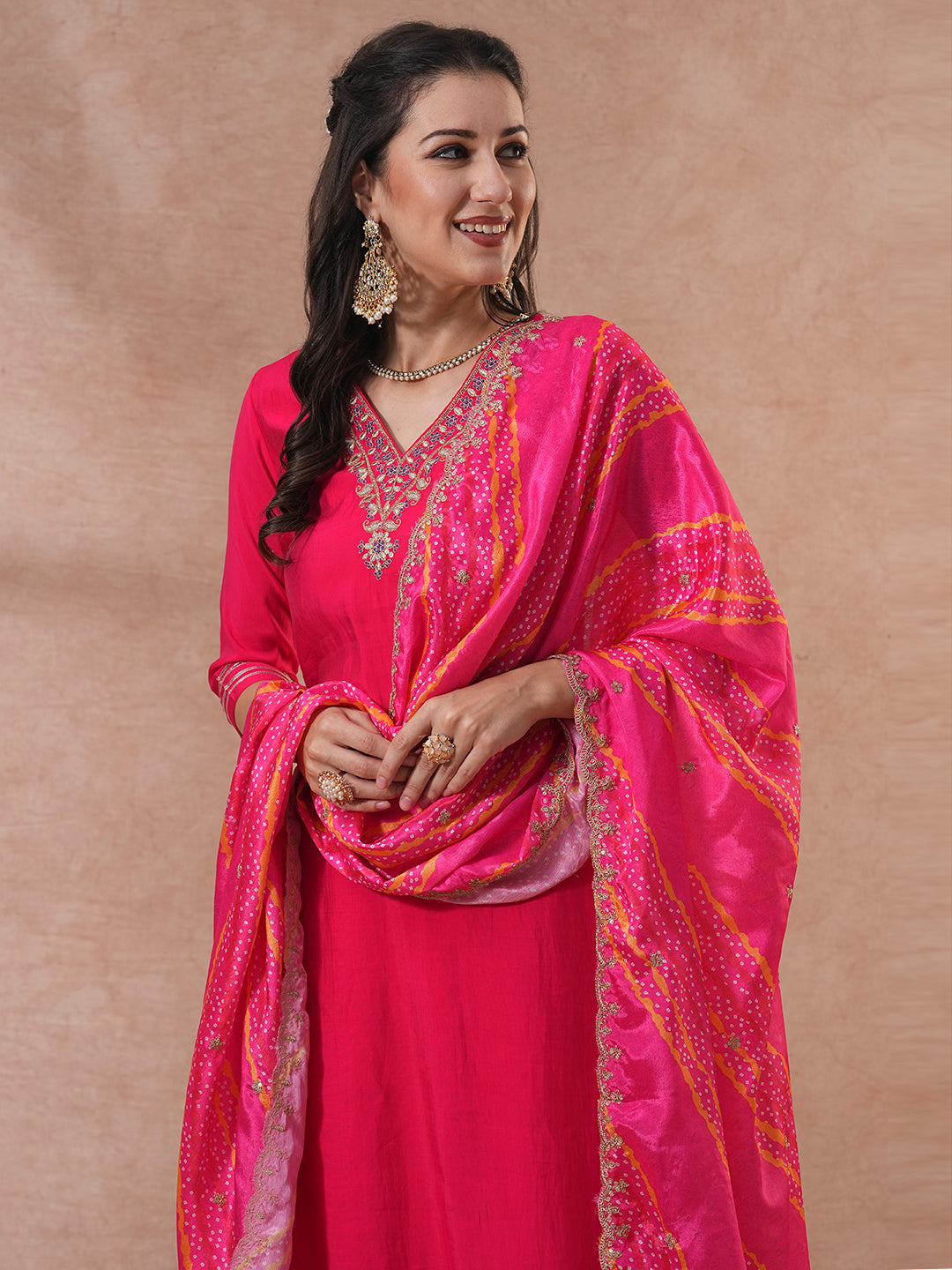 Solid Ethnic Embroidered Straight Kurta with Pant & Printed Dupatta - Pink