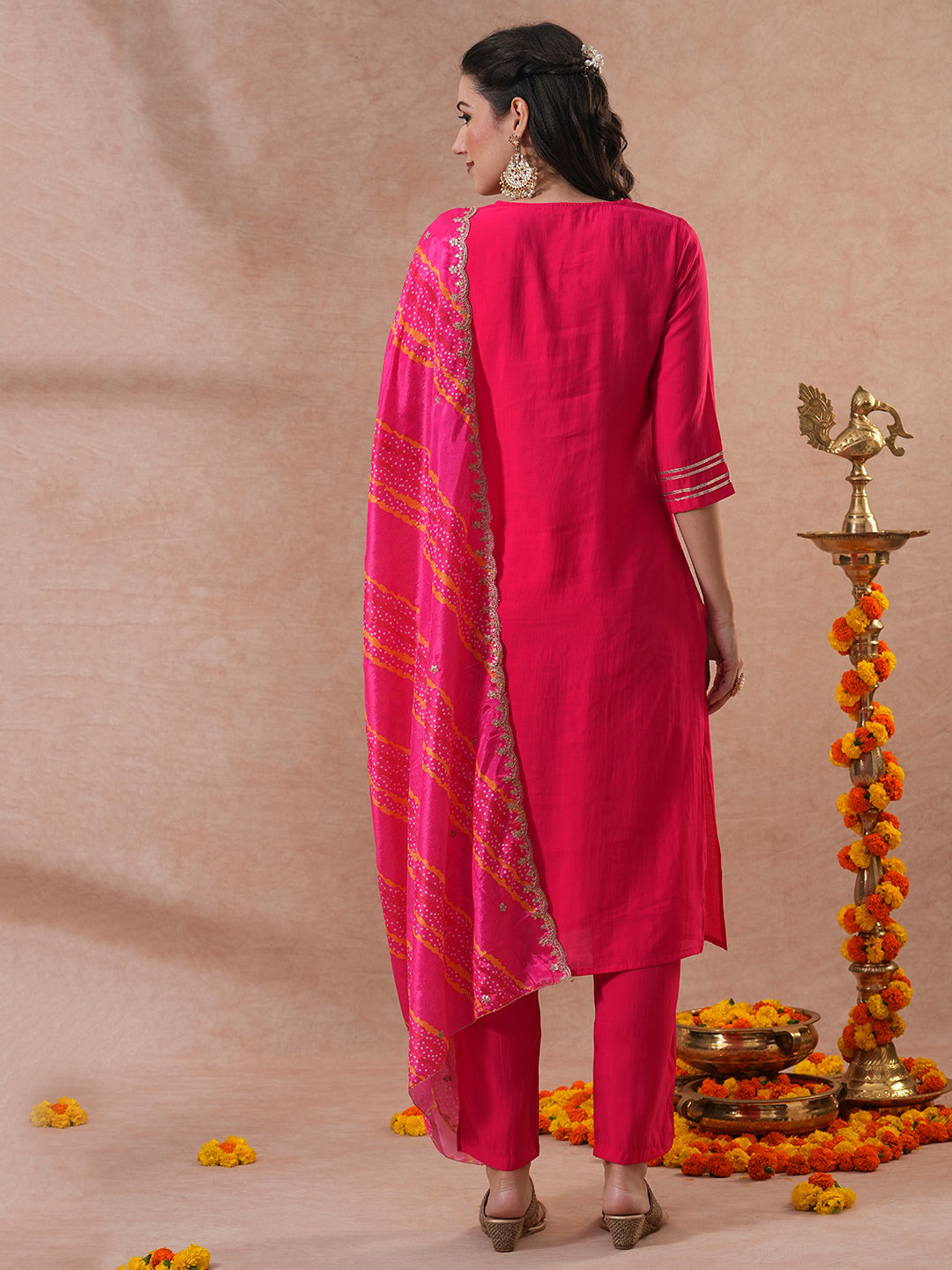 Solid Ethnic Embroidered Straight Kurta with Pant & Printed Dupatta - Pink