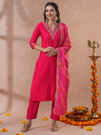 Solid Ethnic Embroidered Straight Kurta with Pant & Printed Dupatta - Pink