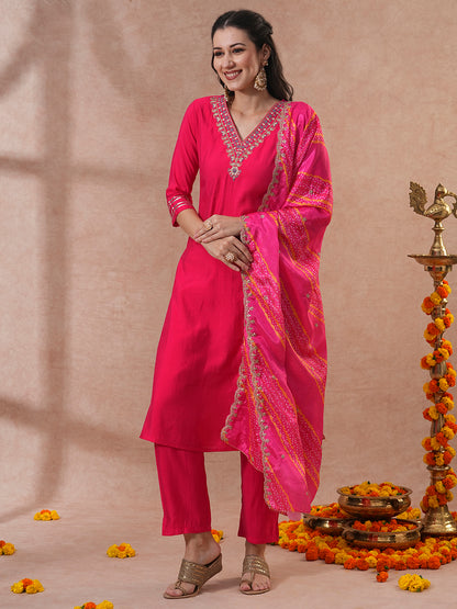 Solid Ethnic Embroidered Straight Kurta with Pant & Printed Dupatta - Pink