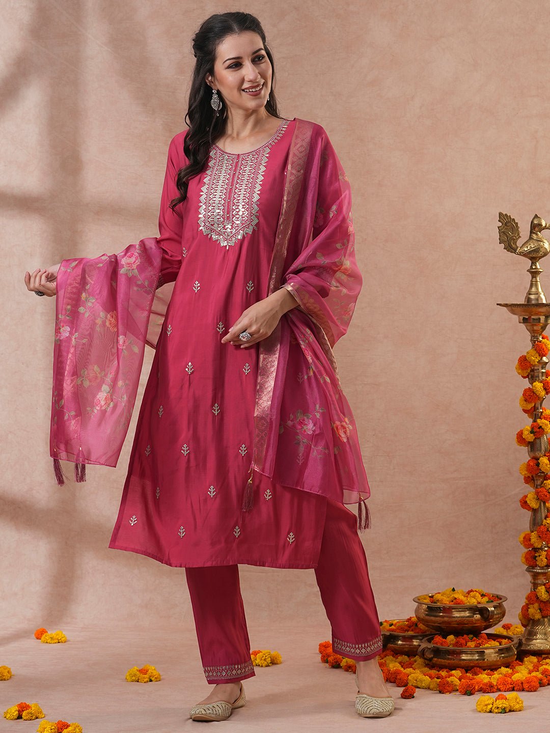 Solid Ethnic Zari Embroidered Straight Fit Kurta with Pant & Dupatta - Pink