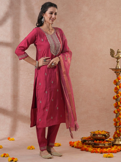 Solid Ethnic Zari Embroidered Straight Fit Kurta with Pant & Dupatta - Pink