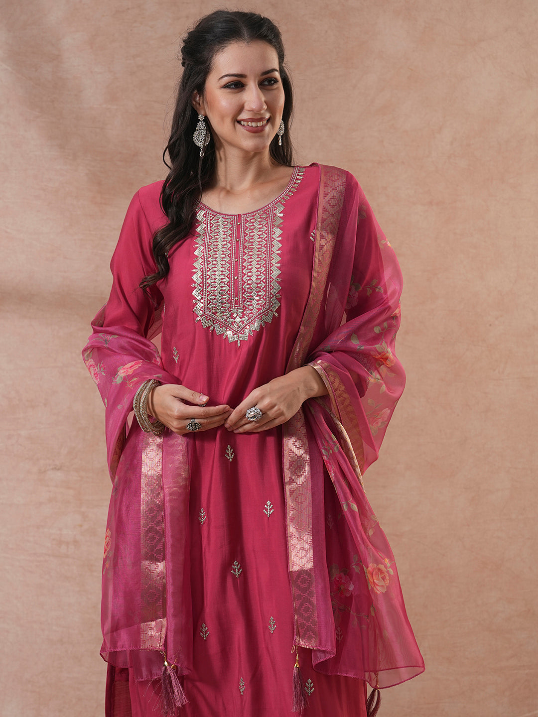 Solid Ethnic Zari Embroidered Straight Fit Kurta with Pant & Dupatta - Pink