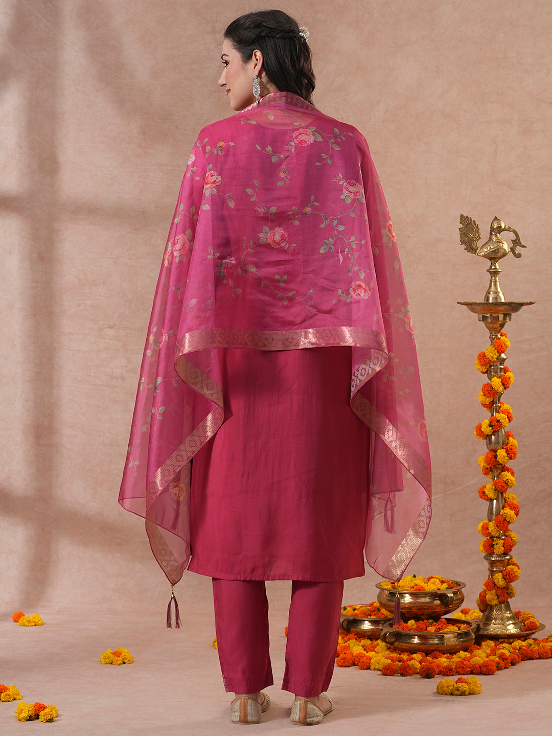 Solid Ethnic Zari Embroidered Straight Fit Kurta with Pant & Dupatta - Pink