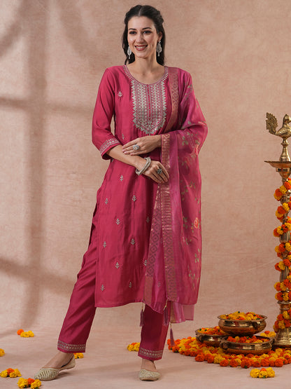 Solid Ethnic Zari Embroidered Straight Fit Kurta with Pant & Dupatta - Pink