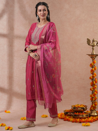 Solid Ethnic Zari Embroidered Straight Fit Kurta with Pant & Dupatta - Pink