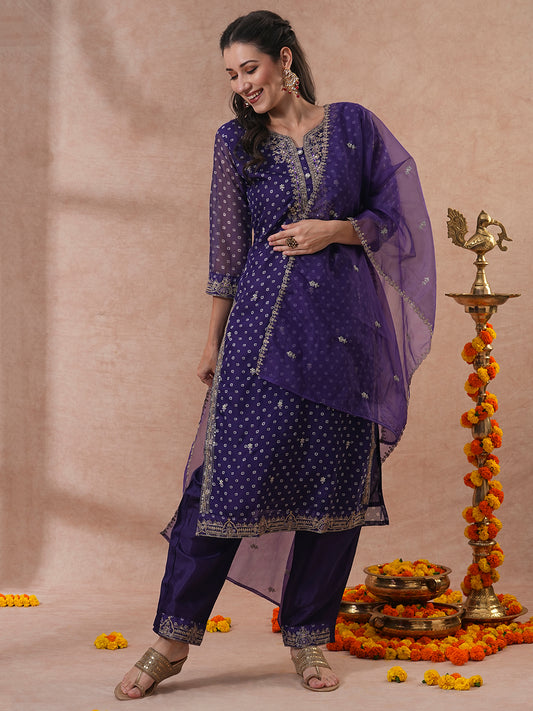 Bandhani Printed & Embroidered Straight Kurta with Pant & Dupatta - Purple