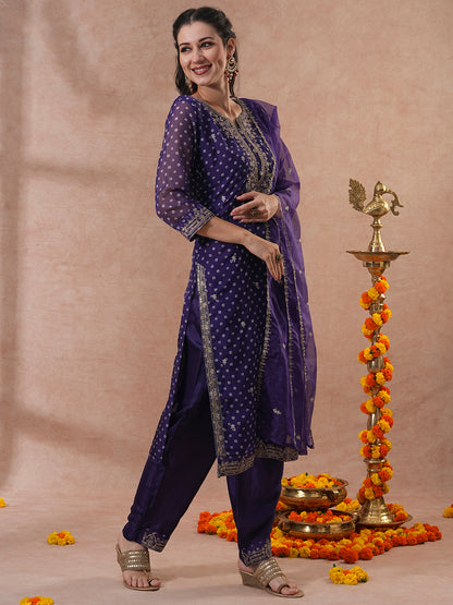 Bandhani Printed & Embroidered Straight Kurta with Pant & Dupatta - Purple