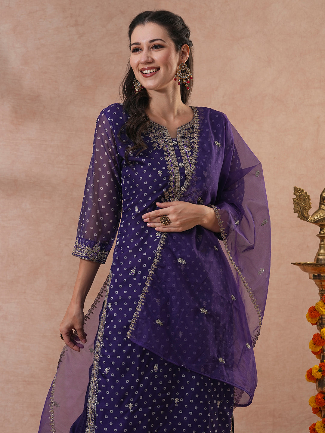 Bandhani Printed & Embroidered Straight Kurta with Pant & Dupatta - Purple