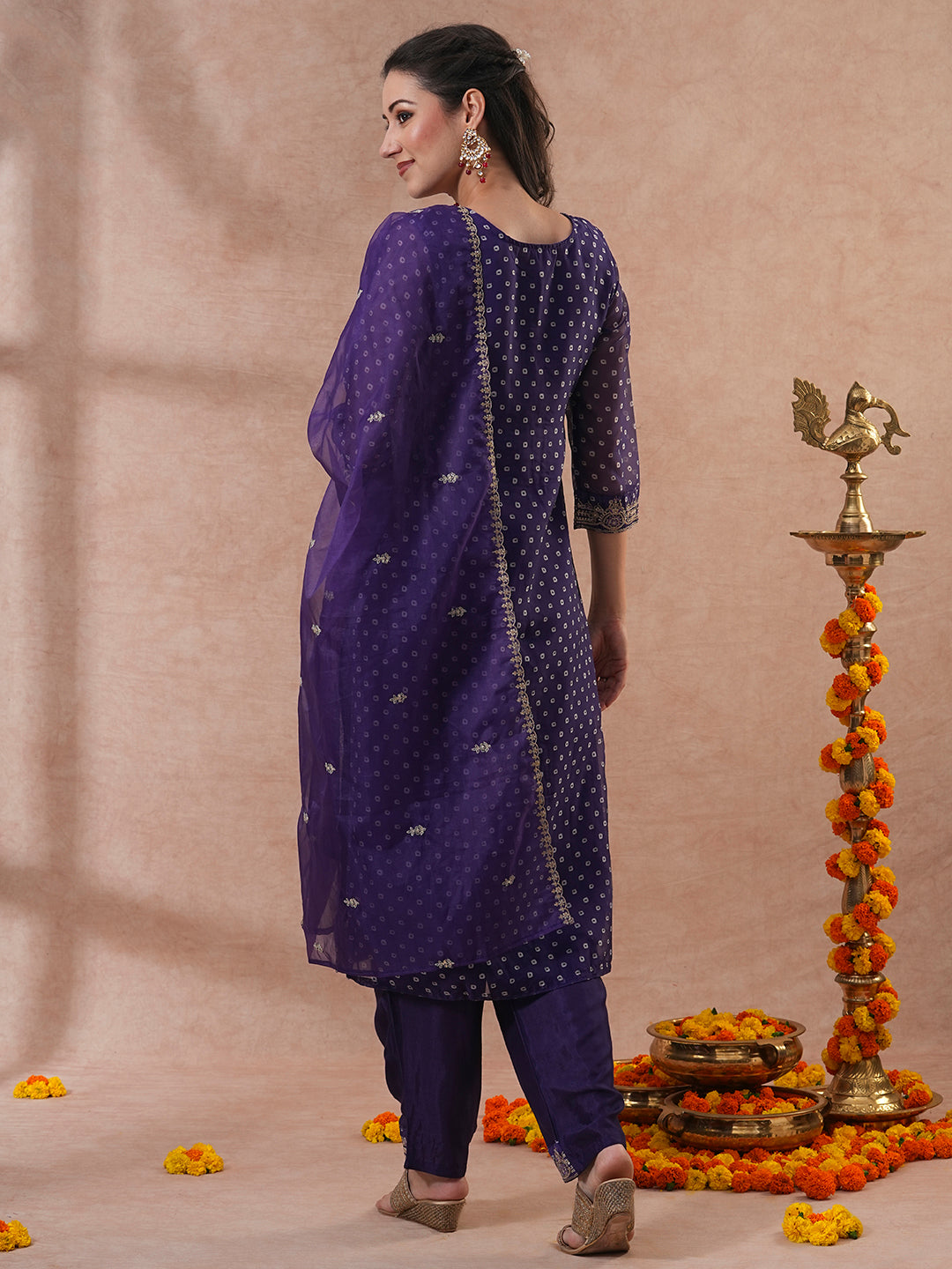 Bandhani Printed & Embroidered Straight Kurta with Pant & Dupatta - Purple