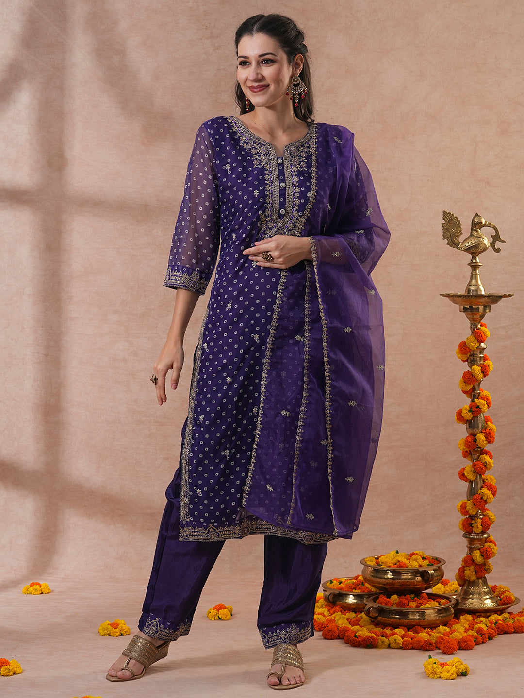 Bandhani Printed & Embroidered Straight Kurta with Pant & Dupatta - Purple