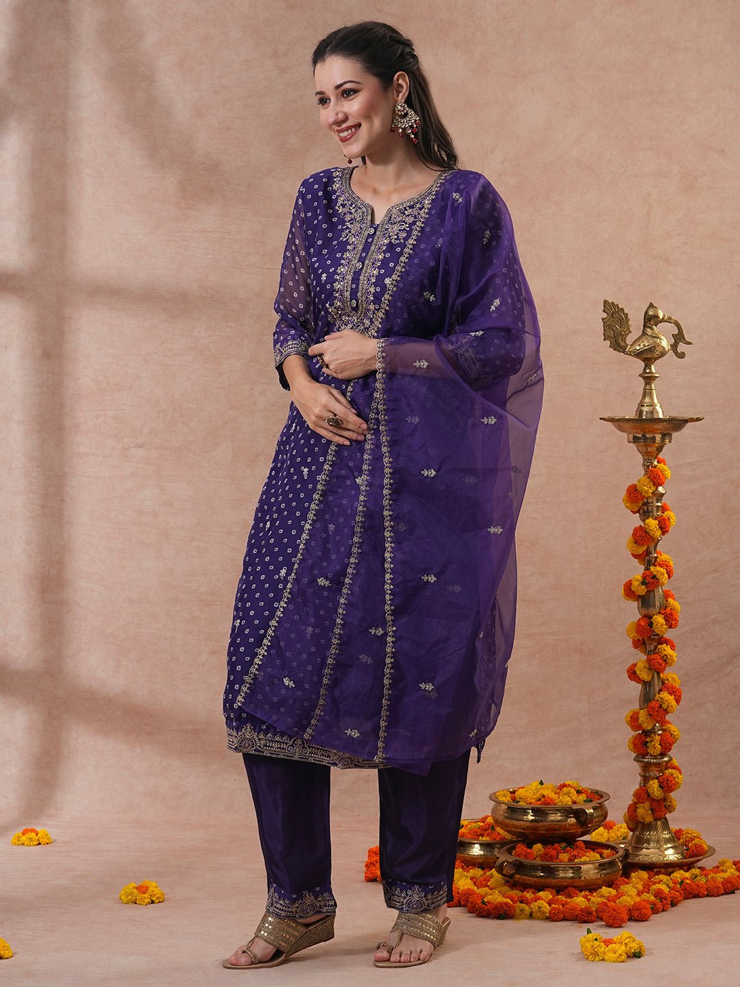 Bandhani Printed & Embroidered Straight Kurta with Pant & Dupatta - Purple