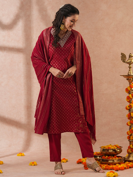 Ethnic Floral Printed & Embroidered Straight Fit Kurta with Pant & Dupatta - Maroon