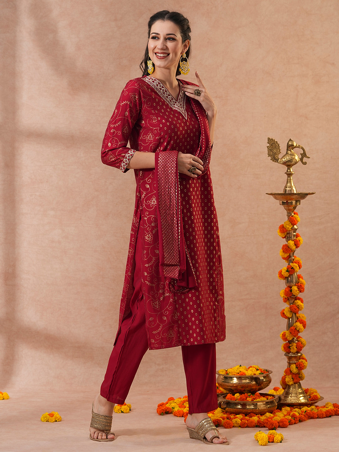 Ethnic Floral Printed & Embroidered Straight Fit Kurta with Pant & Dupatta - Maroon