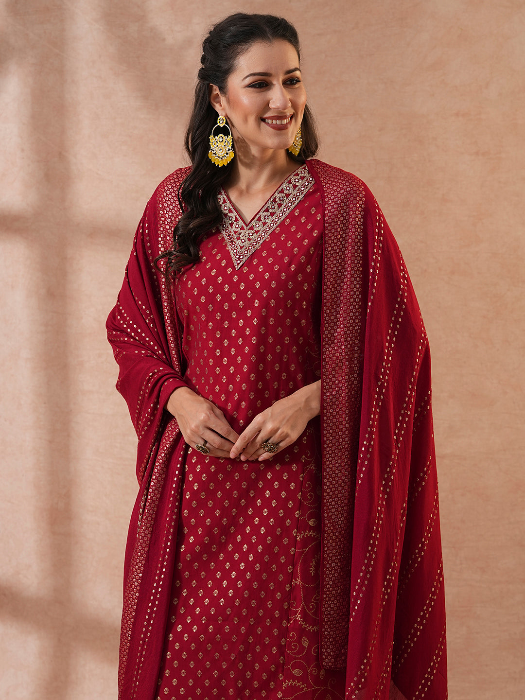 Ethnic Floral Printed & Embroidered Straight Fit Kurta with Pant & Dupatta - Maroon