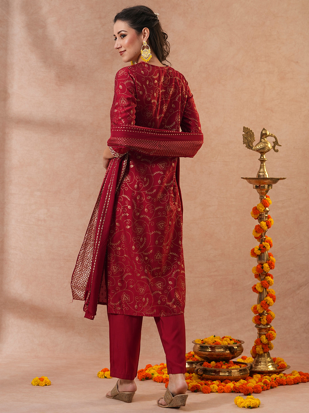 Ethnic Floral Printed & Embroidered Straight Fit Kurta with Pant & Dupatta - Maroon