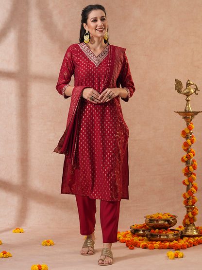 Ethnic Floral Printed & Embroidered Straight Fit Kurta with Pant & Dupatta - Maroon