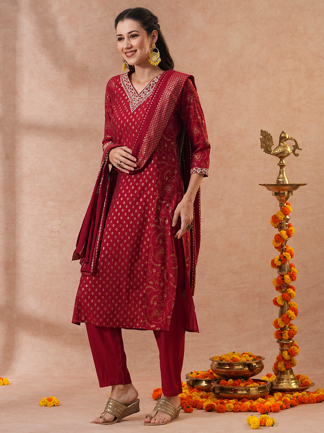 Ethnic Floral Printed & Embroidered Straight Fit Kurta with Pant & Dupatta - Maroon