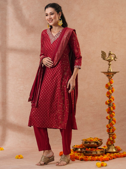 Ethnic Floral Printed & Embroidered Straight Fit Kurta with Pant & Dupatta - Maroon