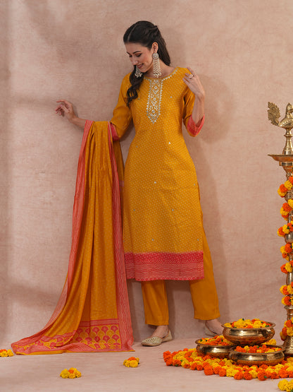 Bandhani Printed & Gota Patti Embroidered Straight Fit Kurta with Pant and Dupatta - Yellow