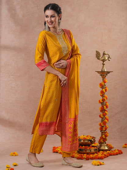 Bandhani Printed & Gota Patti Embroidered Straight Fit Kurta with Pant and Dupatta - Yellow