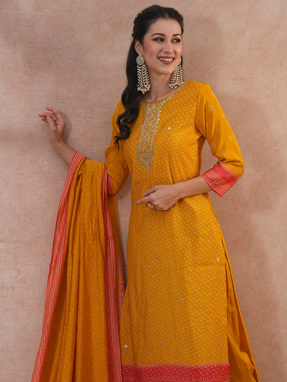 Bandhani Printed & Gota Patti Embroidered Straight Fit Kurta with Pant and Dupatta - Yellow