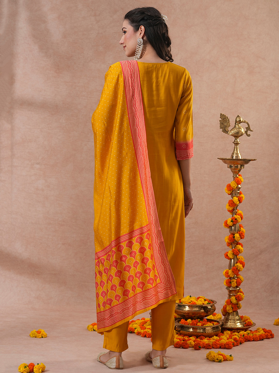 Bandhani Printed & Gota Patti Embroidered Straight Fit Kurta with Pant and Dupatta - Yellow