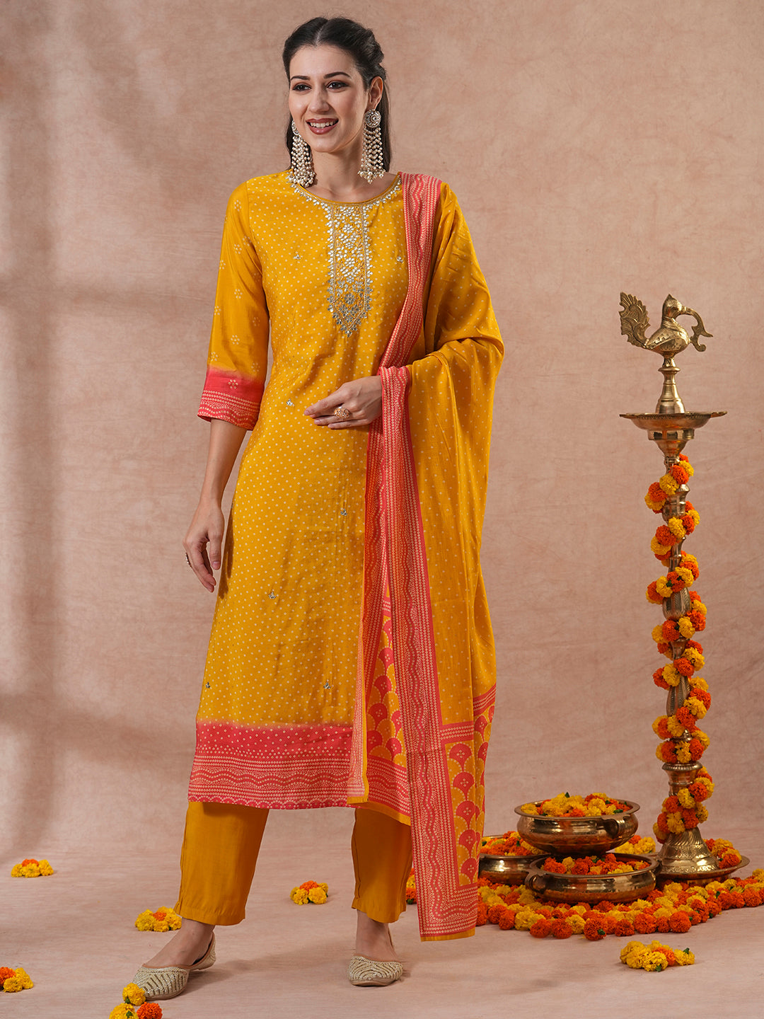 Bandhani Printed & Gota Patti Embroidered Straight Fit Kurta with Pant and Dupatta - Yellow