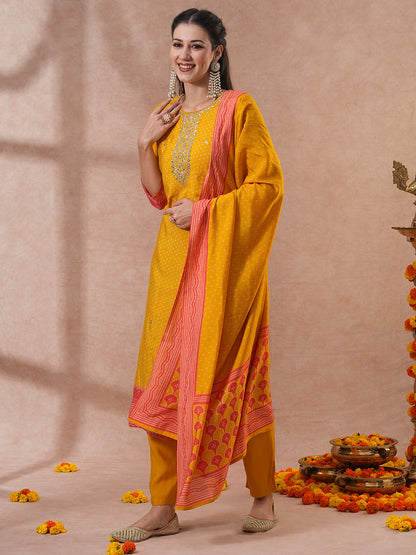 Bandhani Printed & Gota Patti Embroidered Straight Fit Kurta with Pant and Dupatta - Yellow