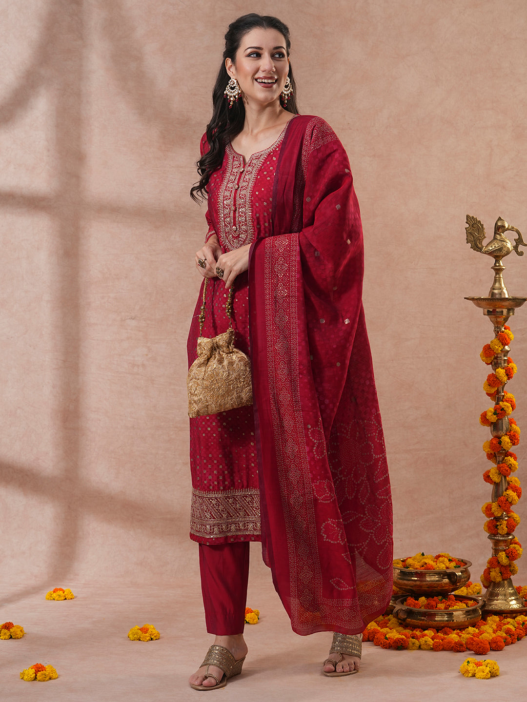 Bandhani Printed & Embroidered Straight Kurta with Pant & Dupatta - Red