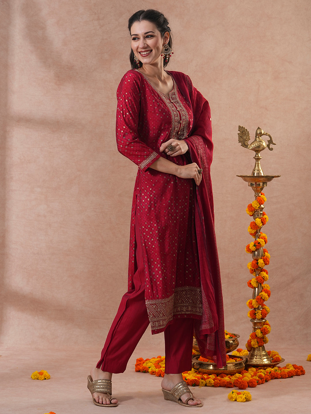 Bandhani Printed & Embroidered Straight Kurta with Pant & Dupatta - Red