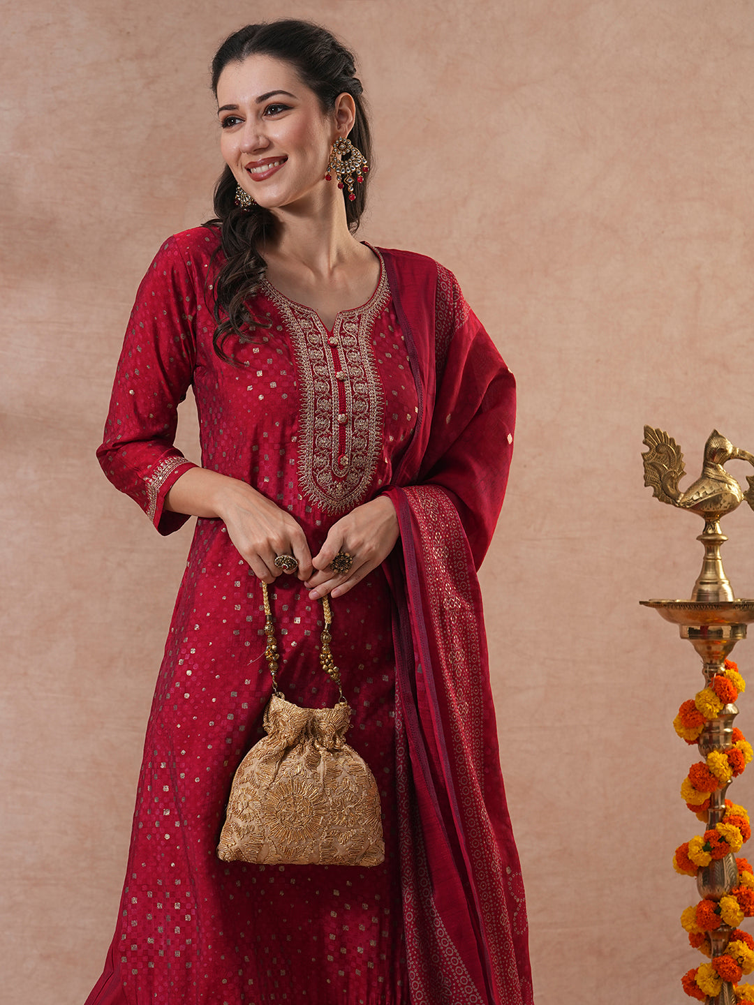 Bandhani Printed & Embroidered Straight Kurta with Pant & Dupatta - Red