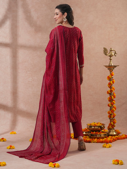 Bandhani Printed & Embroidered Straight Kurta with Pant & Dupatta - Red