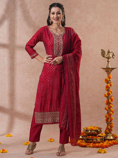 Bandhani Printed & Embroidered Straight Kurta with Pant & Dupatta - Red