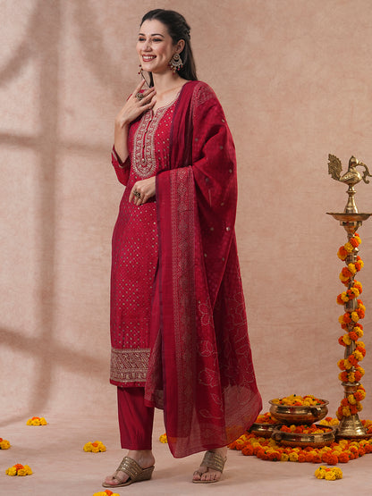 Bandhani Printed & Embroidered Straight Kurta with Pant & Dupatta - Red