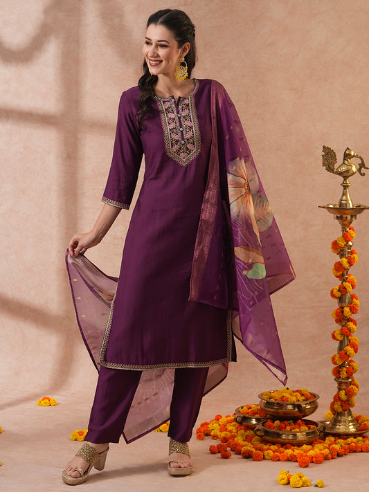 Solid Ethnic Embroidered Straight & Kurta with Pant & Dupatta - Purple