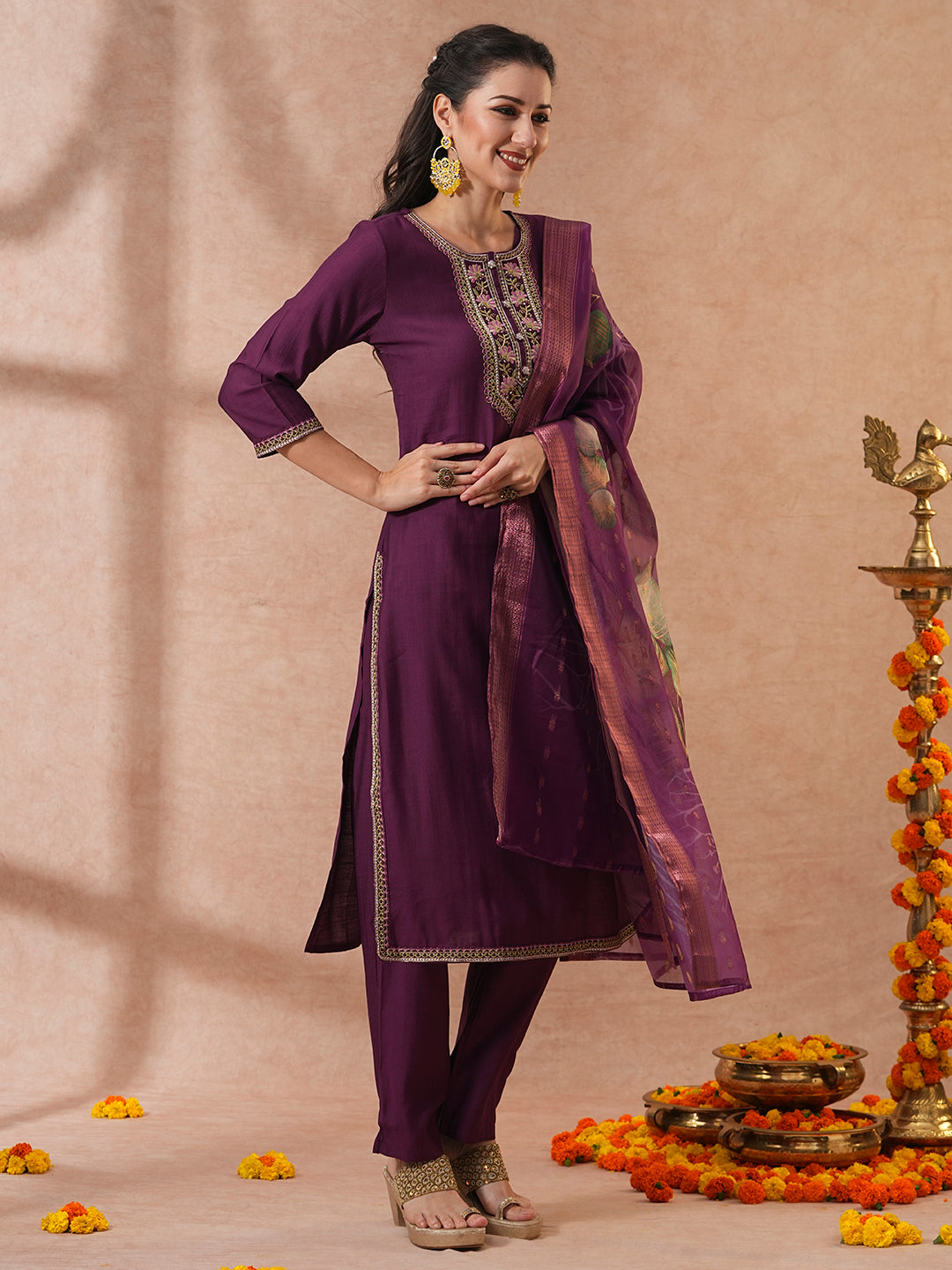 Solid Ethnic Embroidered Straight & Kurta with Pant & Dupatta - Purple