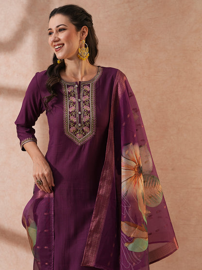 Solid Ethnic Embroidered Straight & Kurta with Pant & Dupatta - Purple