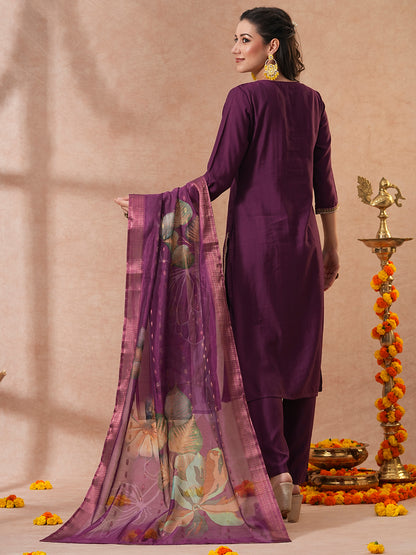 Solid Ethnic Embroidered Straight & Kurta with Pant & Dupatta - Purple