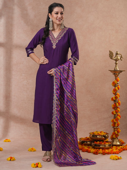 Solid Ethnic Embroidered Straight Kurta with Pant & Printed Dupatta - Purple