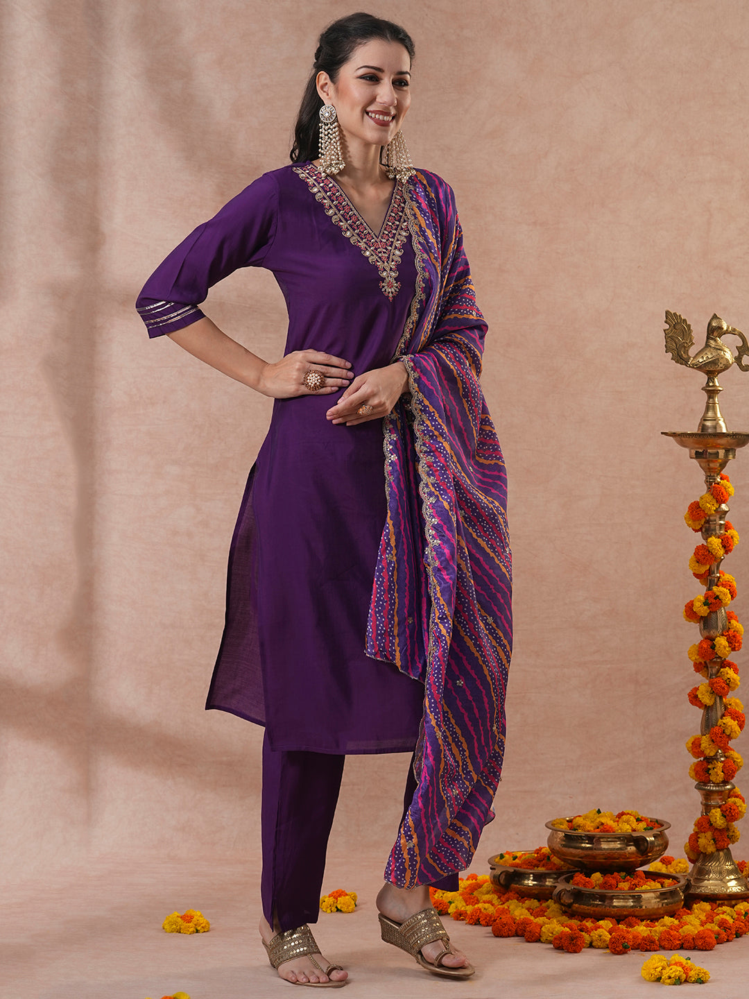 Solid Ethnic Embroidered Straight Kurta with Pant & Printed Dupatta - Purple