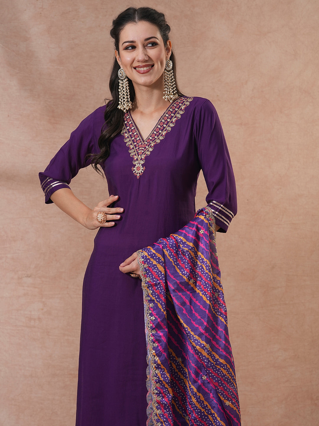 Solid Ethnic Embroidered Straight Kurta with Pant & Printed Dupatta - Purple