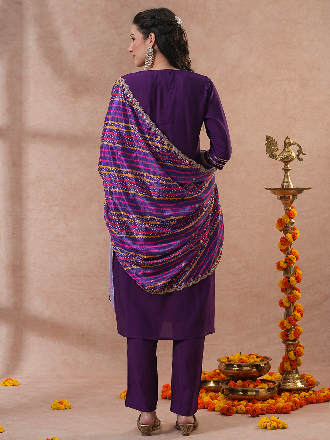 Solid Ethnic Embroidered Straight Kurta with Pant & Printed Dupatta - Purple