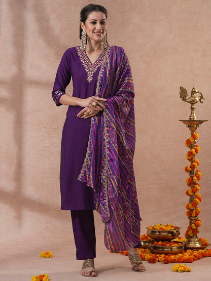 Solid Ethnic Embroidered Straight Kurta with Pant & Printed Dupatta - Purple