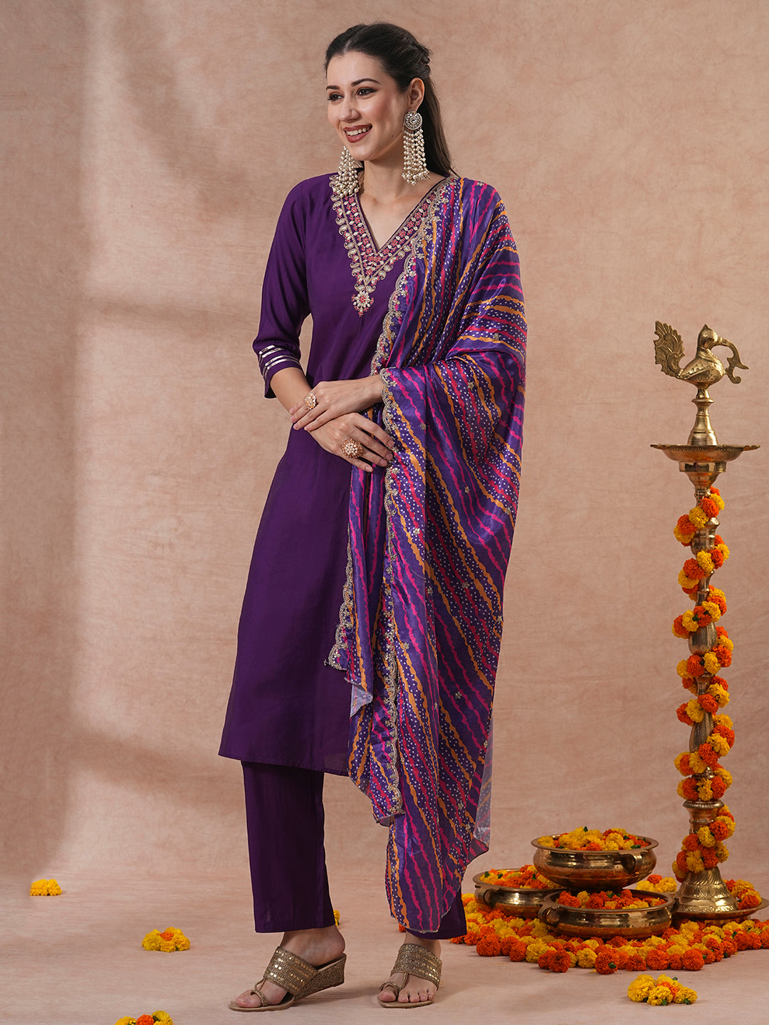 Solid Ethnic Embroidered Straight Kurta with Pant & Printed Dupatta - Purple