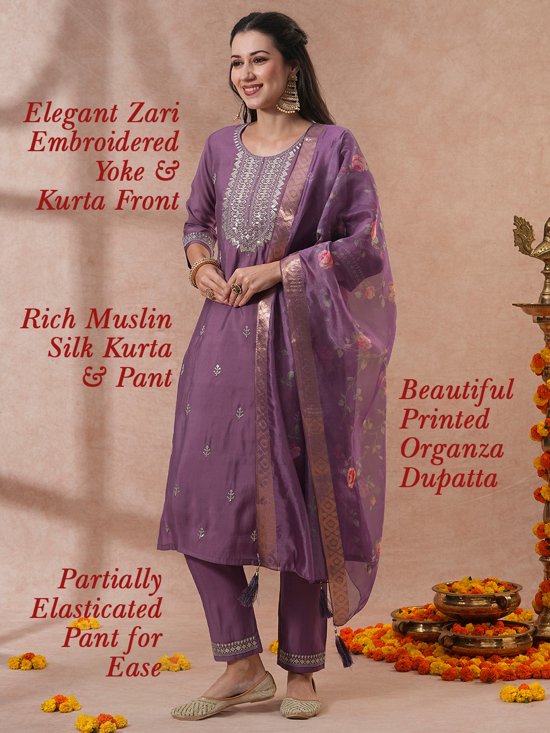 Solid Ethnic Zari Embroidered Straight Fit Kurta with Pant & Dupatta - Mauve